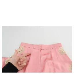 Pink Lace Trimmed Silk Satin Wide Legs Pants