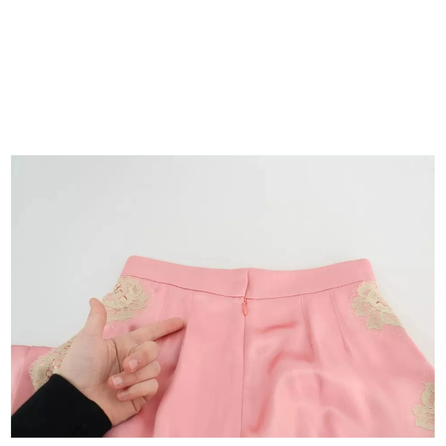 Pink Lace Trimmed Silk Satin Wide Legs Pants