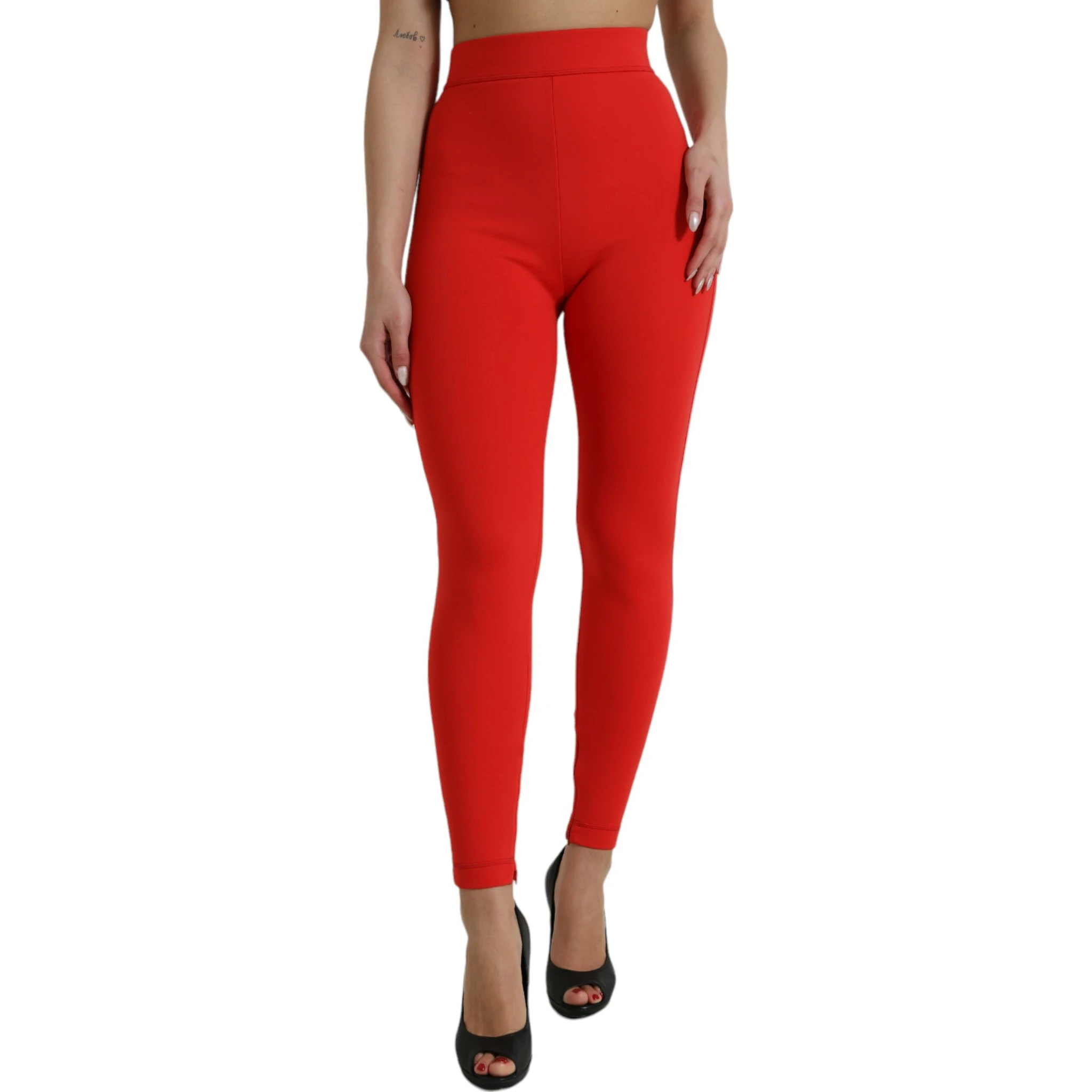 Red Nylon Stretch Slim Leggings Pants