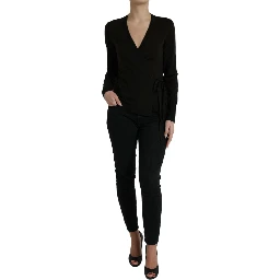 Black Wool V-neck Crossed Cardigan Sweater