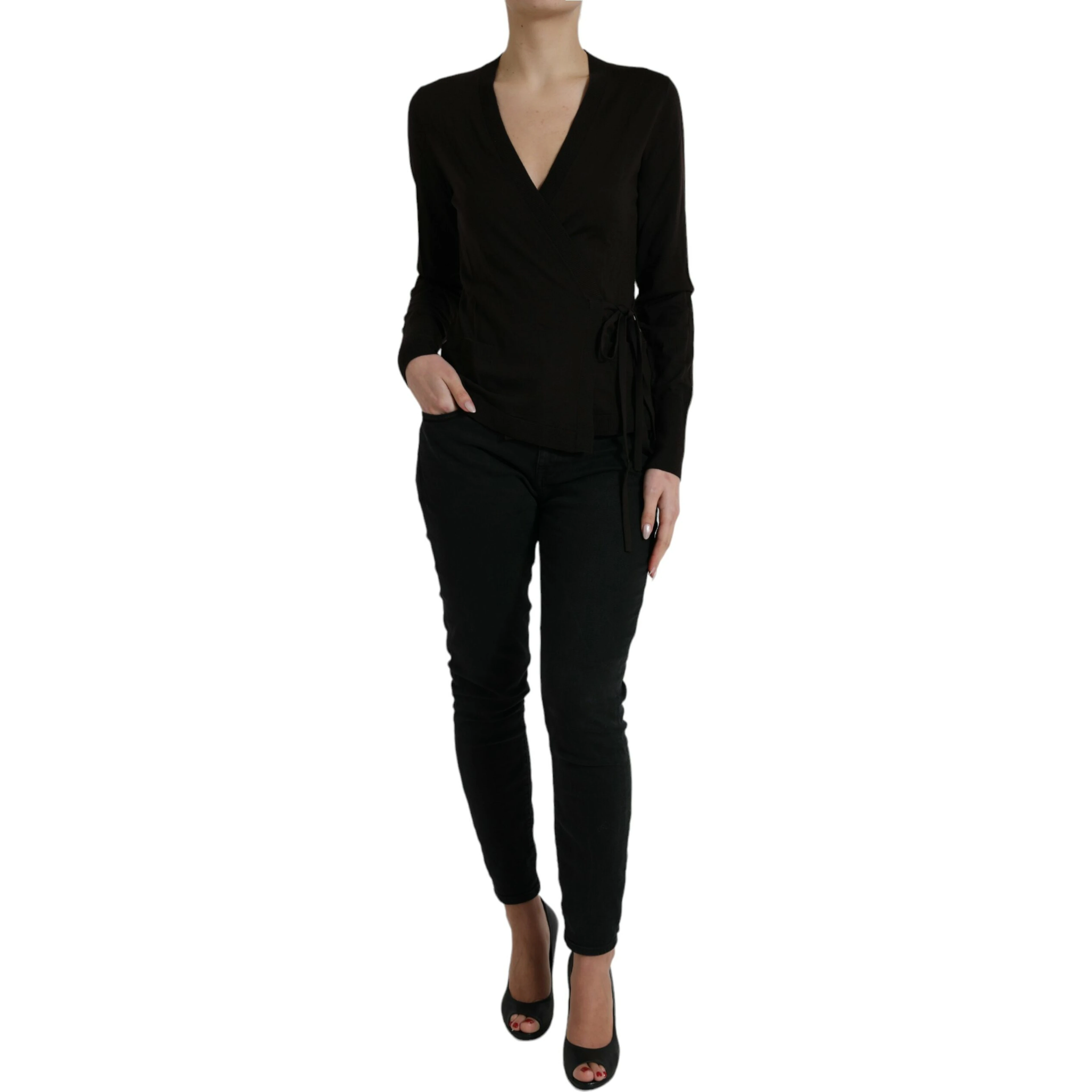 Black Wool V-neck Crossed Cardigan Sweater