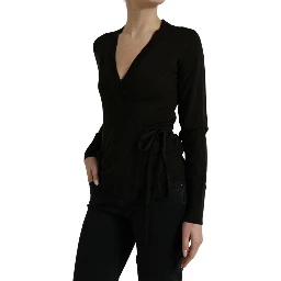 Black Wool V-neck Crossed Cardigan Sweater