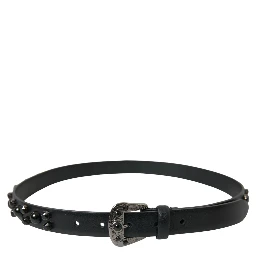 Black Embellished Leather Engraved Buckle Belt