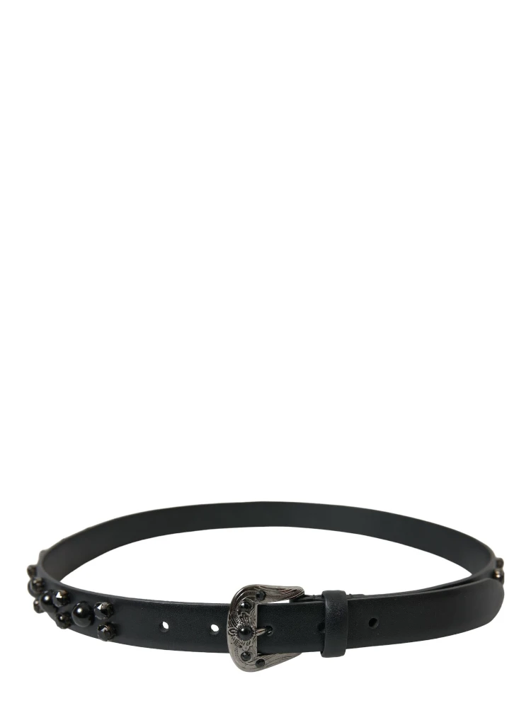 Black Embellished Leather Engraved Buckle Belt