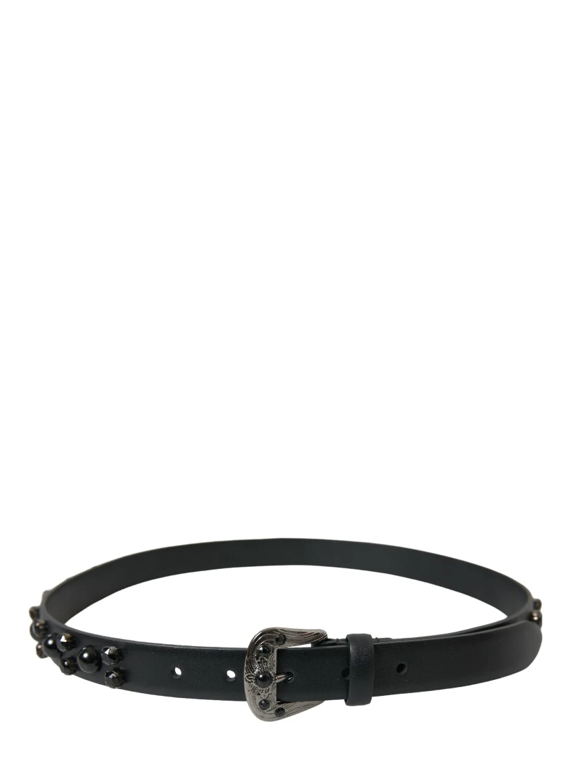 Black Embellished Leather Engraved Buckle Belt