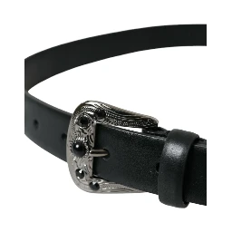 Black Embellished Leather Engraved Buckle Belt