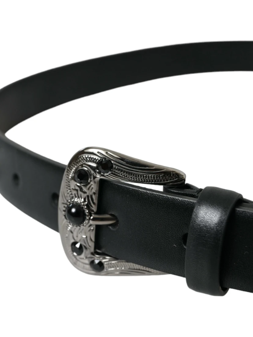 Black Embellished Leather Engraved Buckle Belt