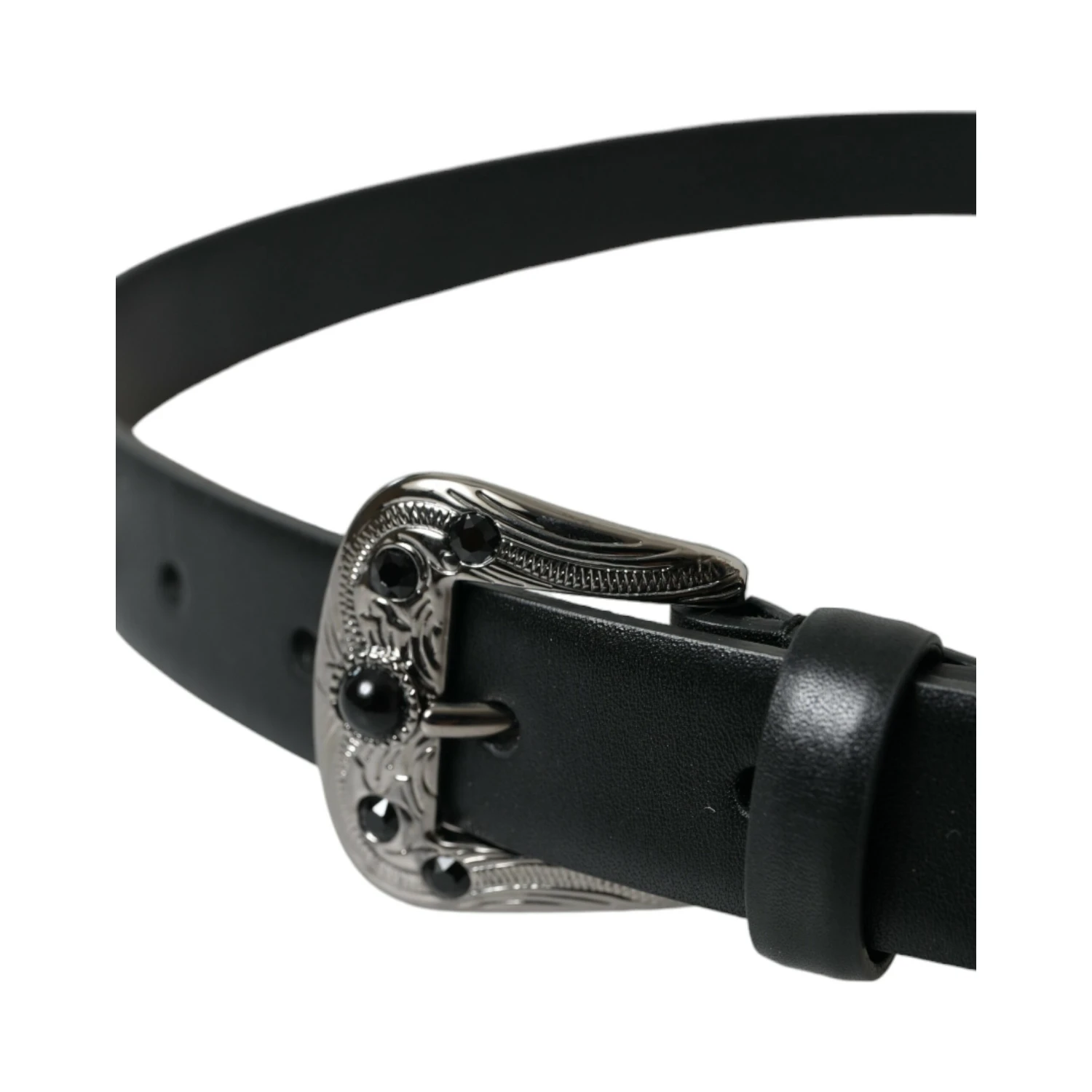 Black Embellished Leather Engraved Buckle Belt