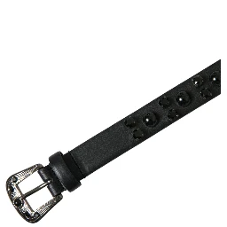 Black Embellished Leather Engraved Buckle Belt