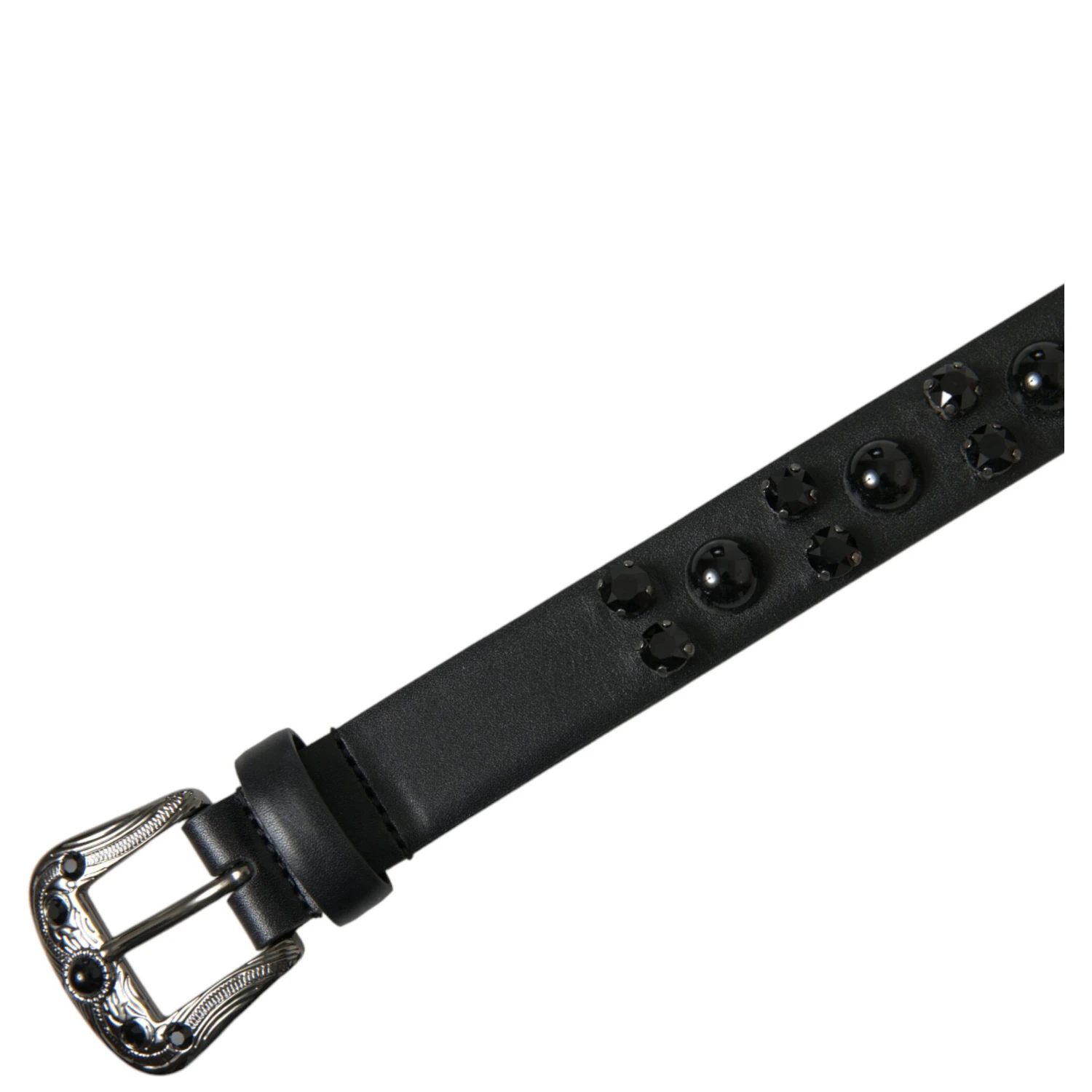 Black Embellished Leather Engraved Buckle Belt