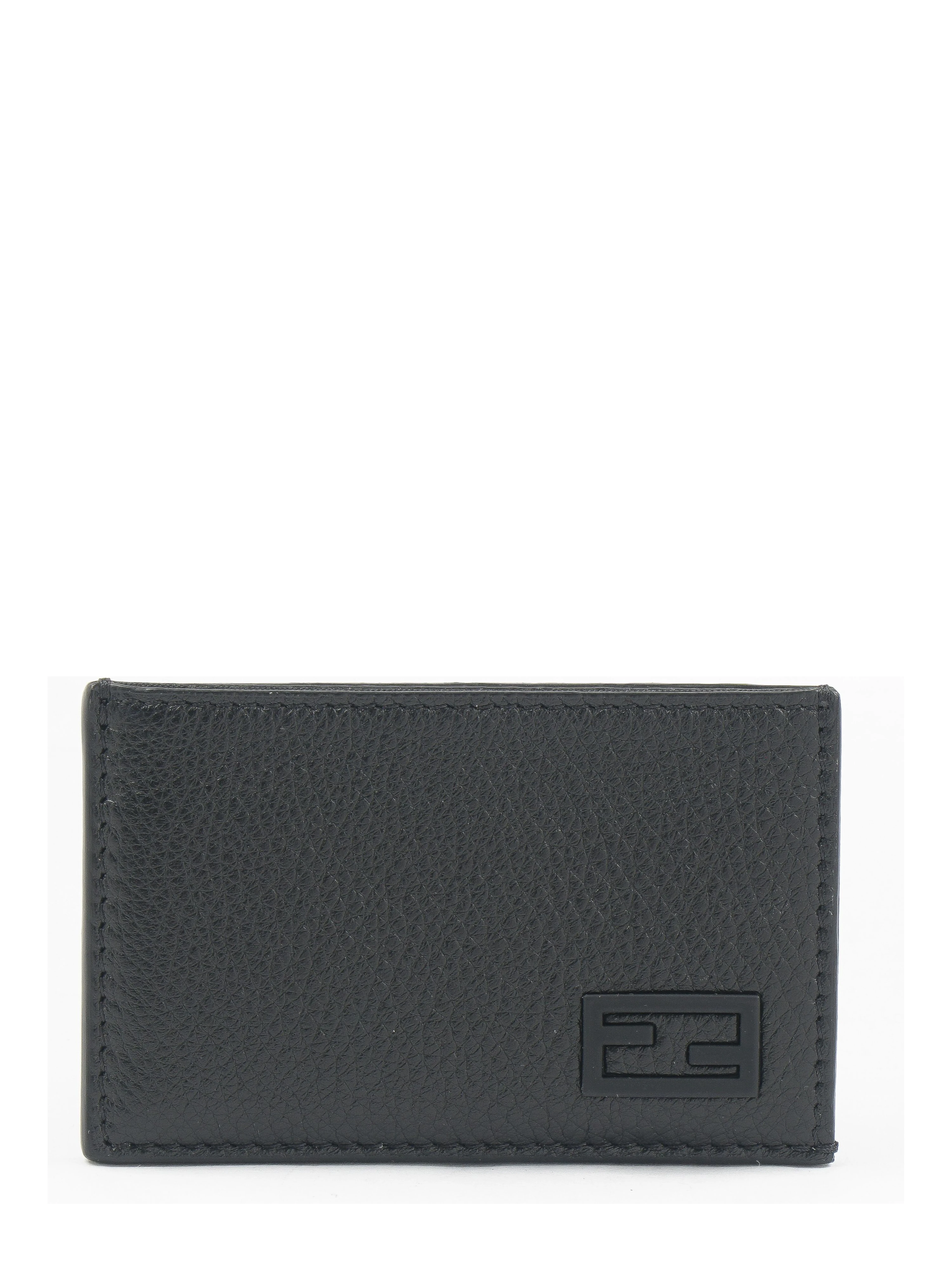 FF Logo Plaque Black Grain Leather Slim Cardholder