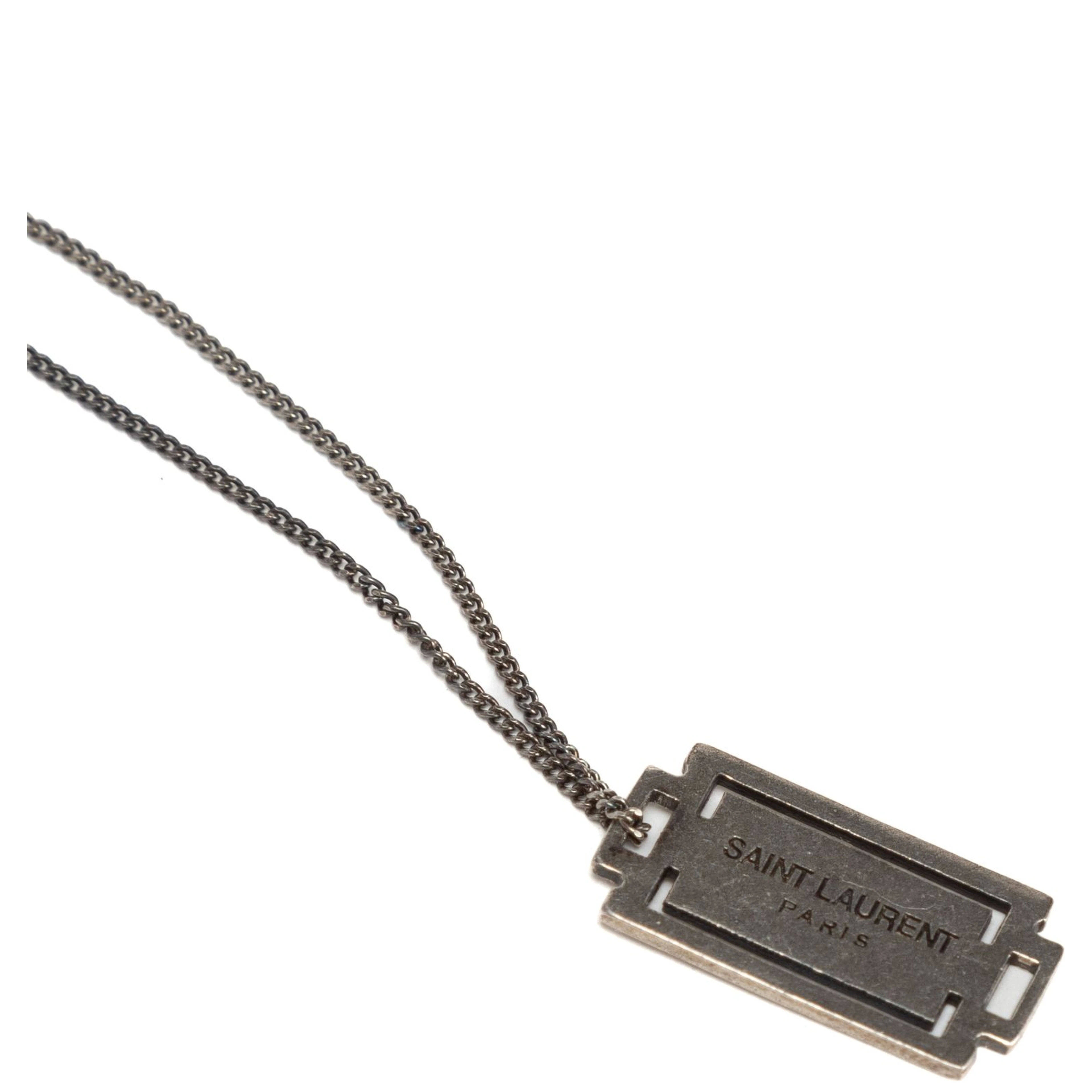 Saint Laurent Paris Gunmetal Tone Razor Blade Pendant Necklace