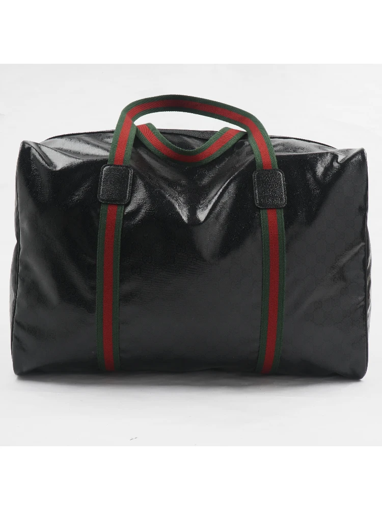 Gucci GG Black Glossy 'Duffle Maxi' Calfskin Leather Trim Duffel Bag