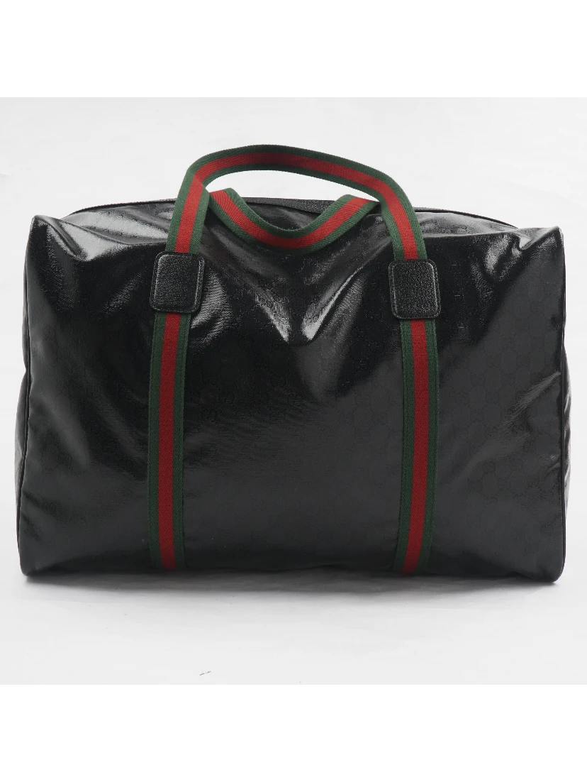 Gucci GG Black Glossy 'Duffle Maxi' Calfskin Leather Trim Duffel Bag