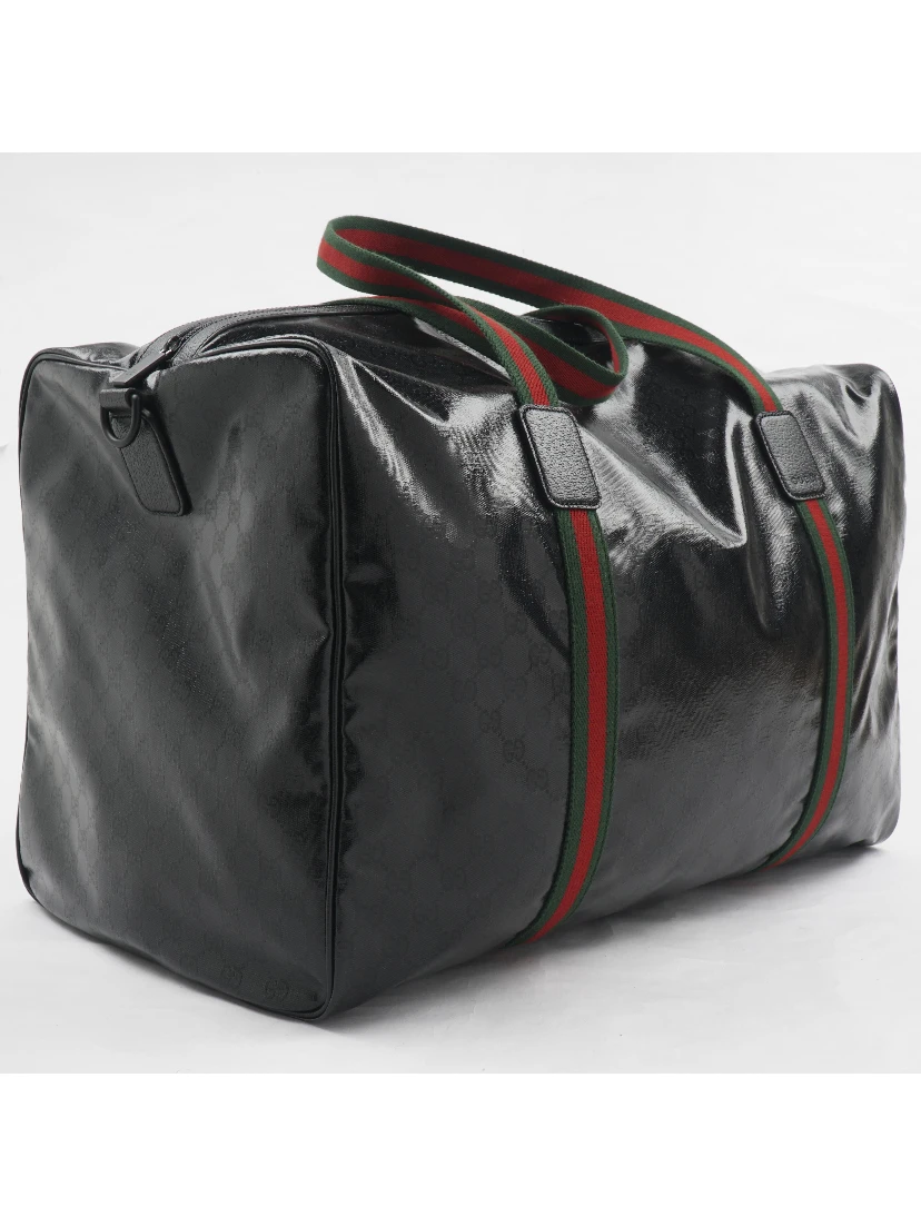Gucci GG Black Glossy 'Duffle Maxi' Calfskin Leather Trim Duffel Bag