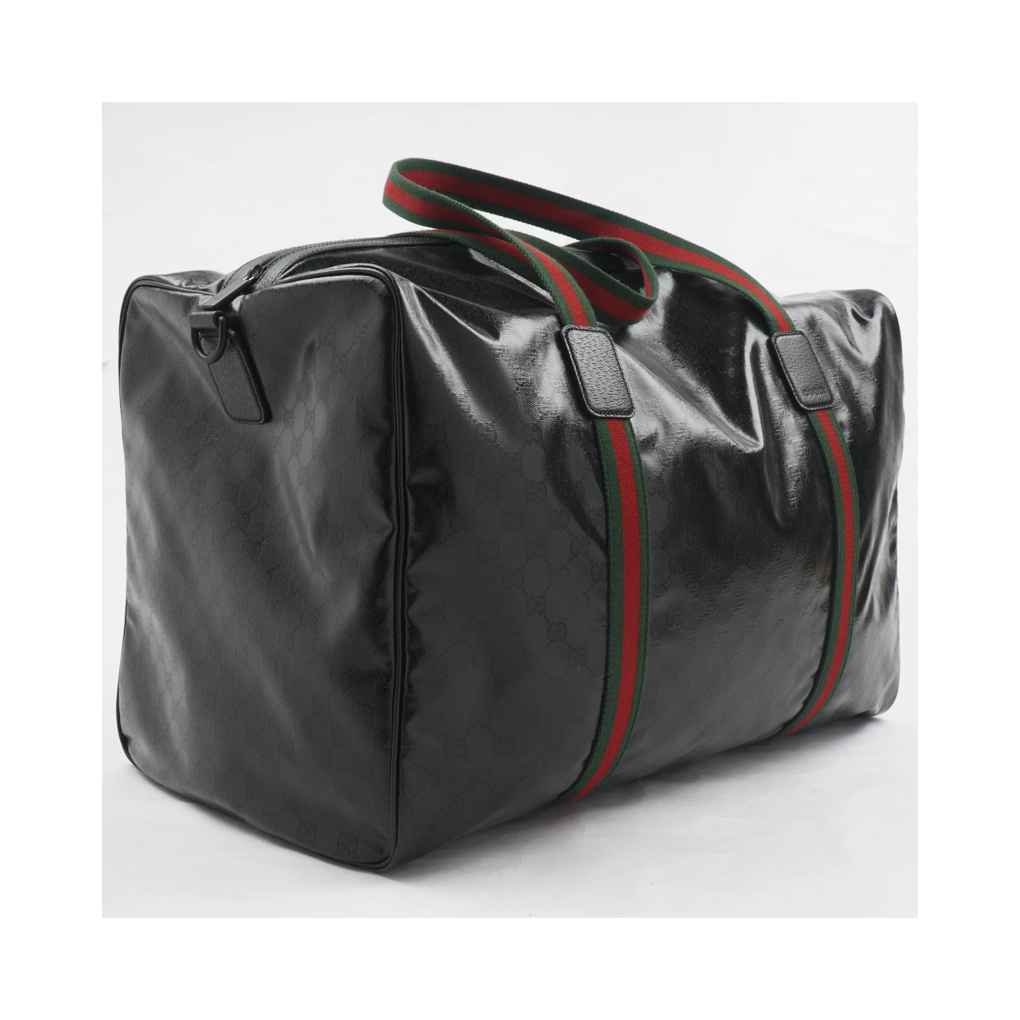 Gucci GG Black Glossy 'Duffle Maxi' Calfskin Leather Trim Duffel Bag