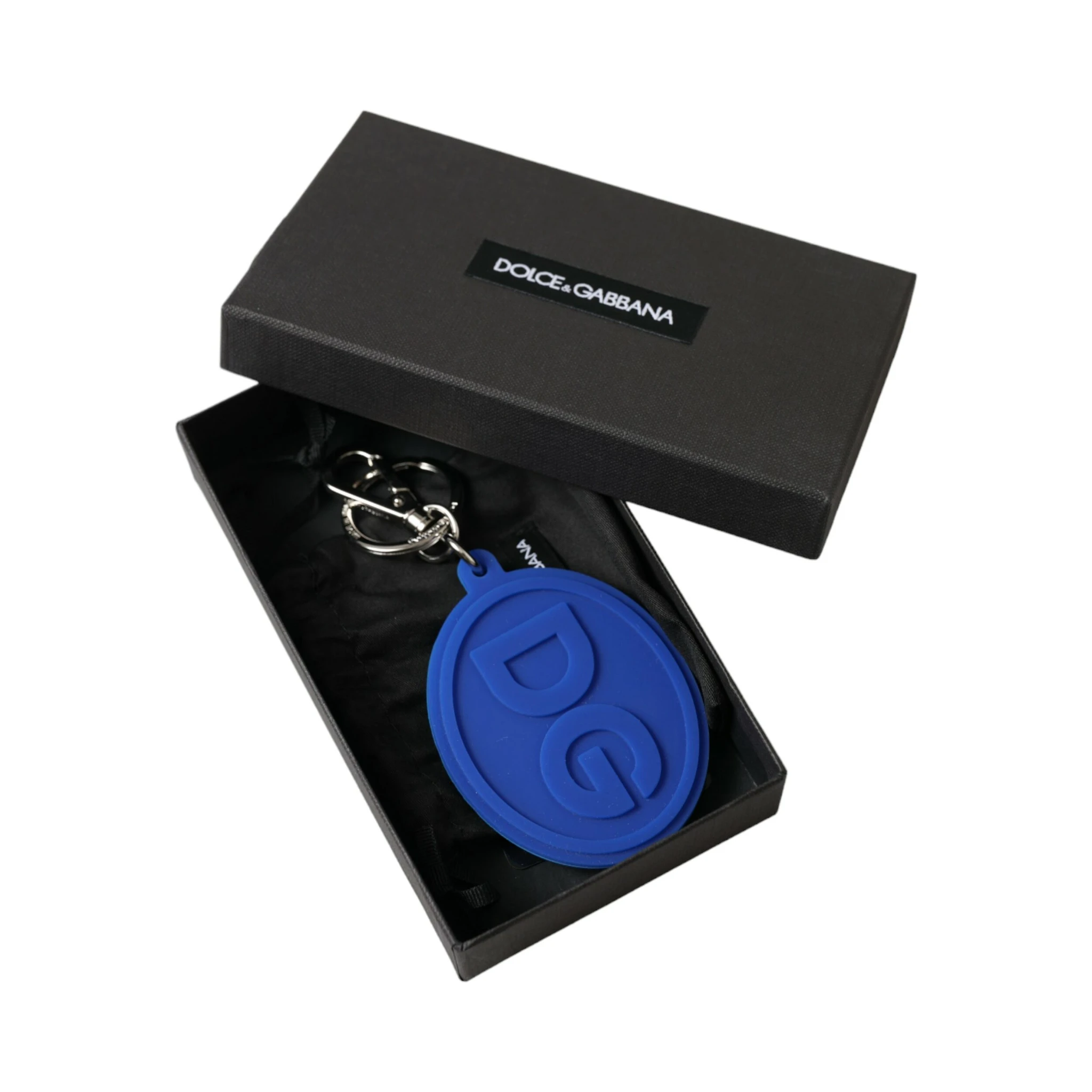 Blue Rubber DG Logo Silver Brass Metal Keyring Keychain