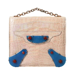 Beige Blue Agate Exotic Leather Gold Chain Purse Bag