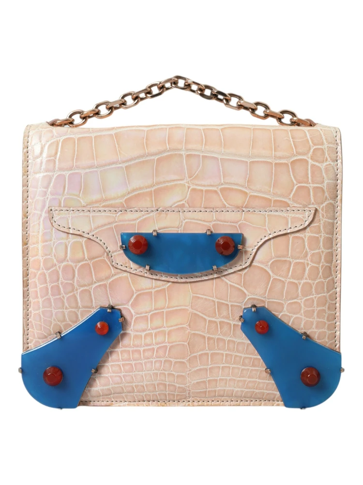 Beige Blue Agate Exotic Leather Gold Chain Purse Bag