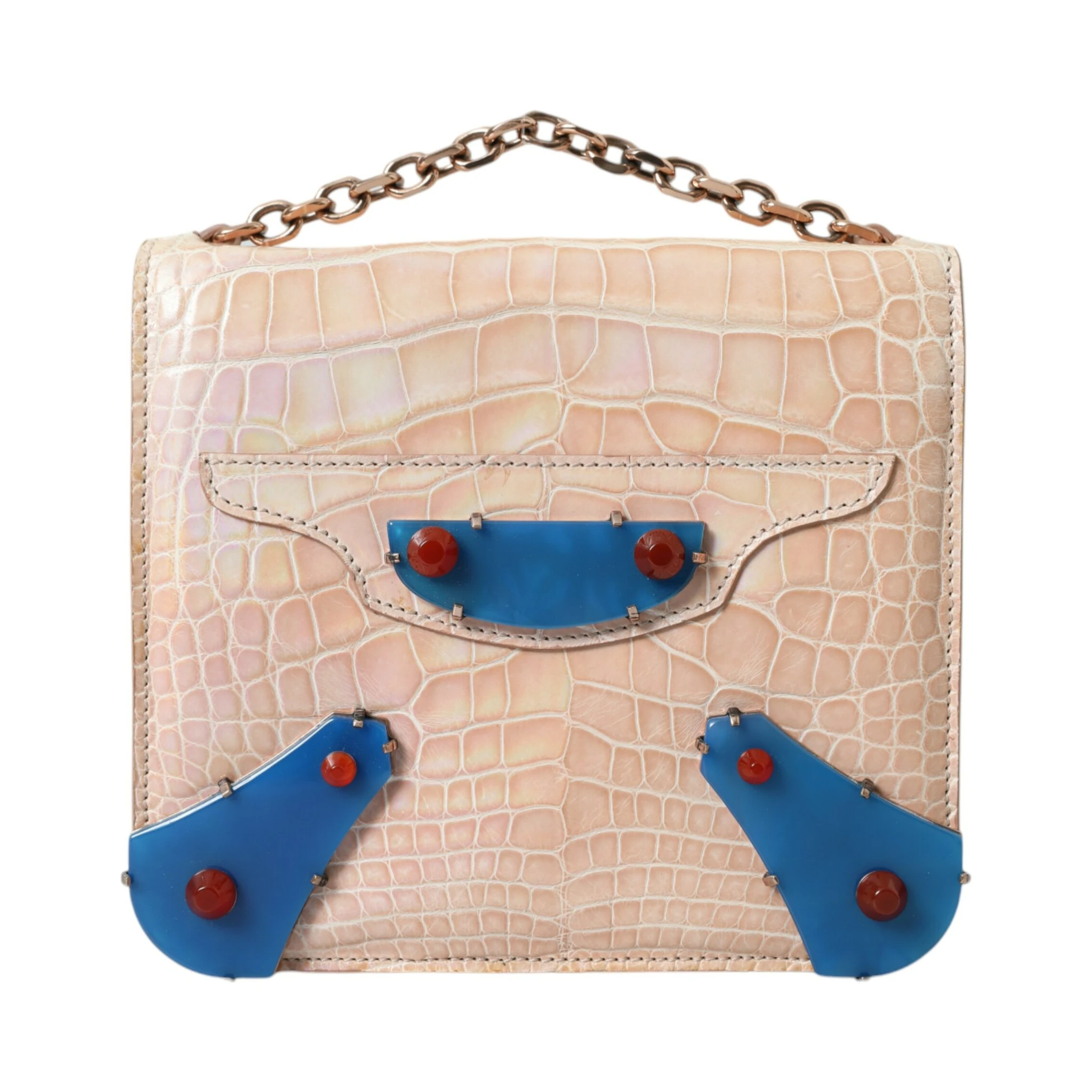 Beige Blue Agate Exotic Leather Gold Chain Purse Bag