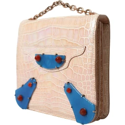 Beige Blue Agate Exotic Leather Gold Chain Purse Bag