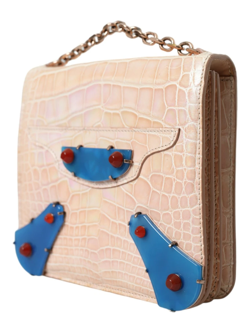 Beige Blue Agate Exotic Leather Gold Chain Purse Bag