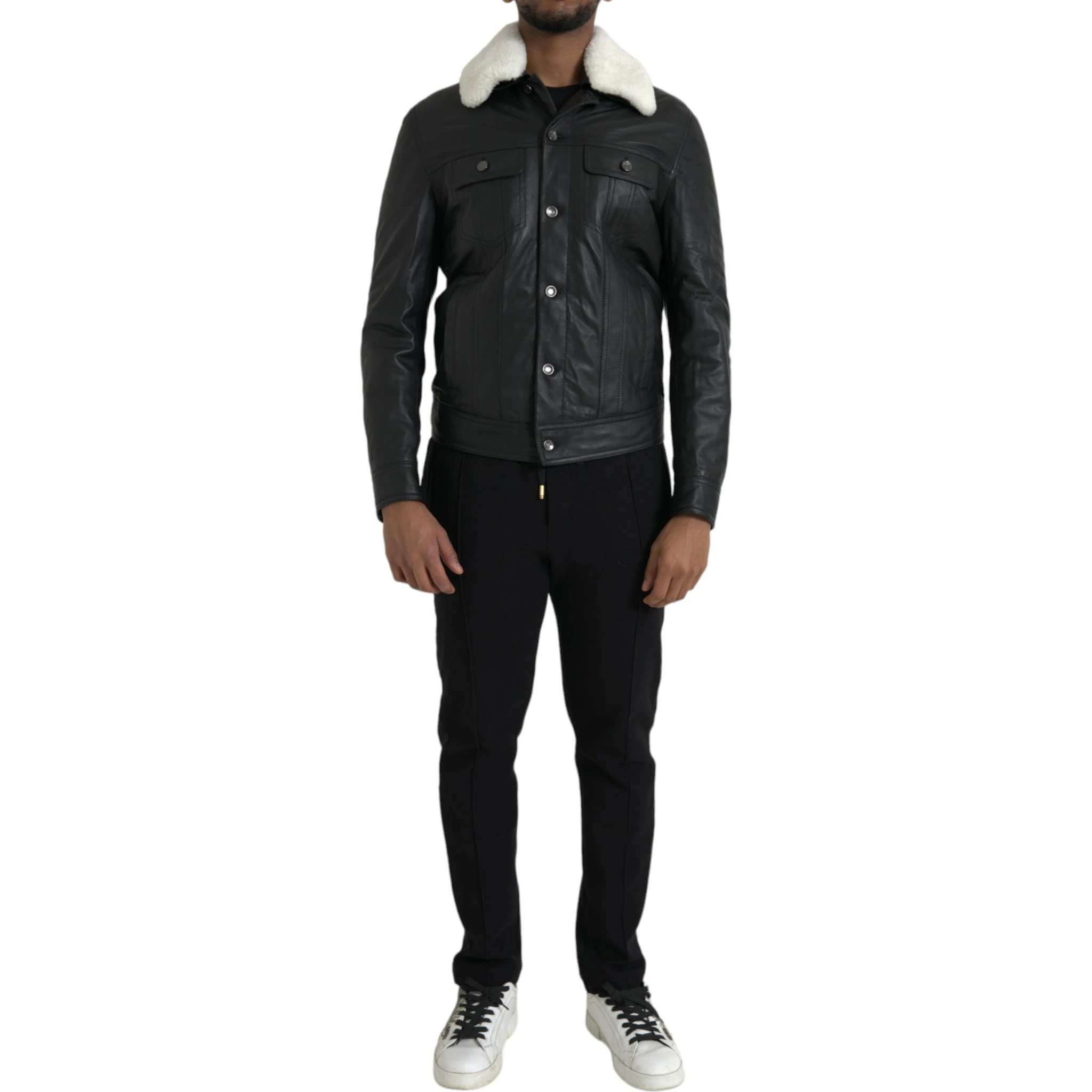 Black Leather Fur Collar Biker Coat Jacket