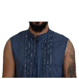 Blue Cotton Chain Embellishment Sleeveless Shirt