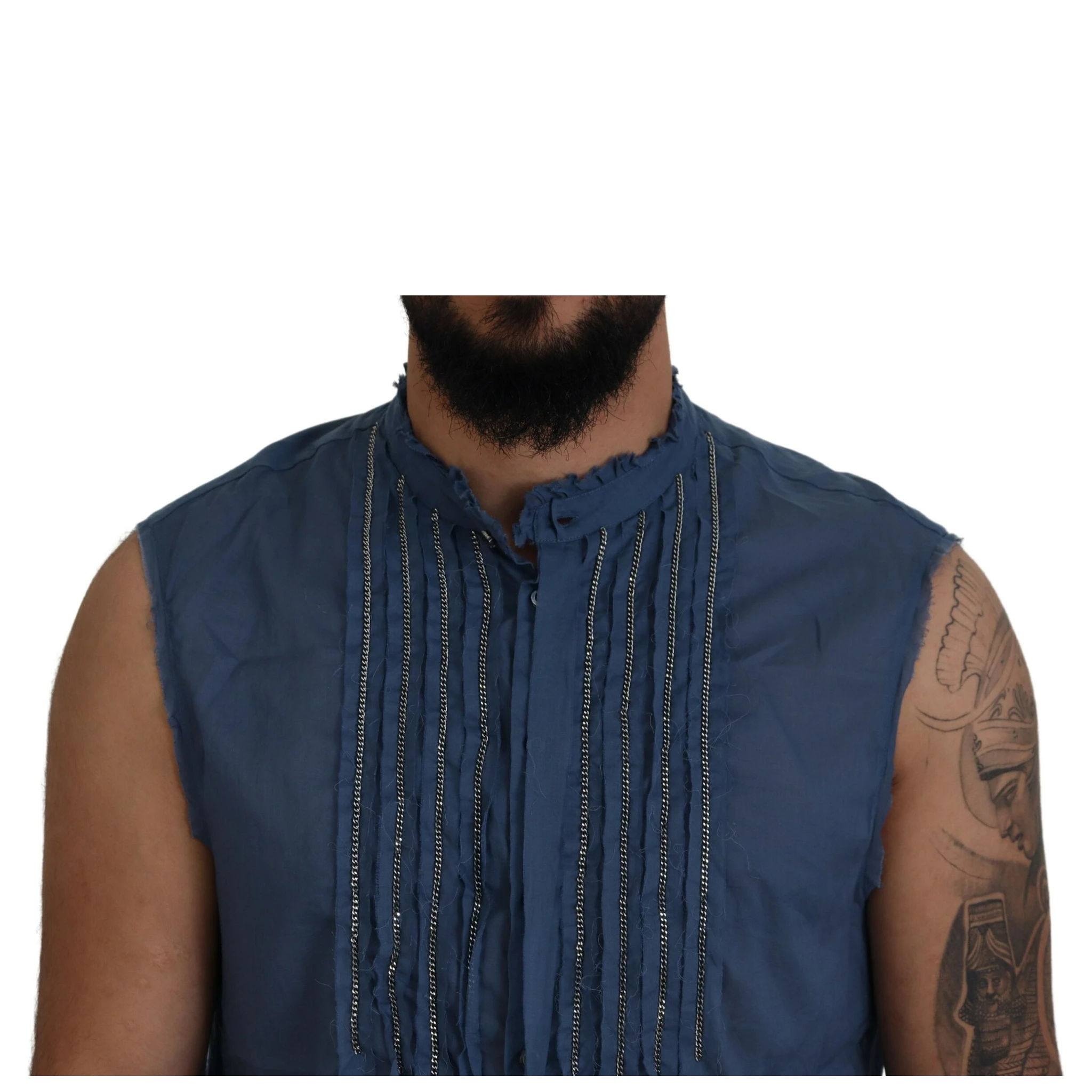 Blue Cotton Chain Embellishment Sleeveless Shirt