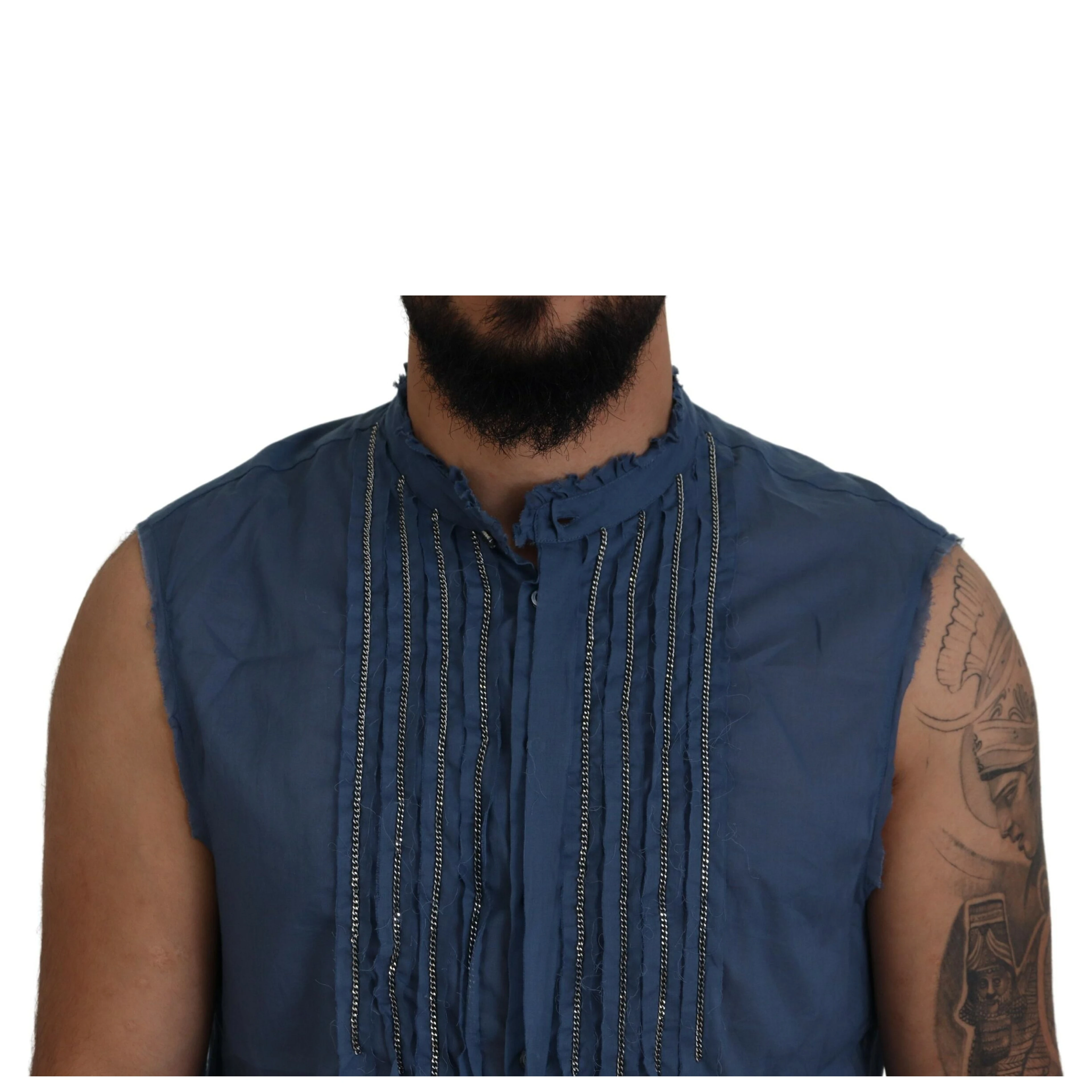 Blue Cotton Chain Embellishment Sleeveless Shirt