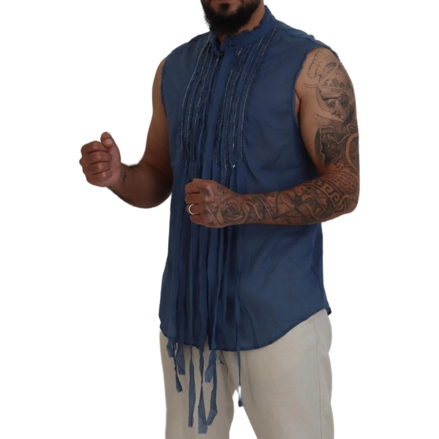 Blue Cotton Chain Embellishment Sleeveless Shirt