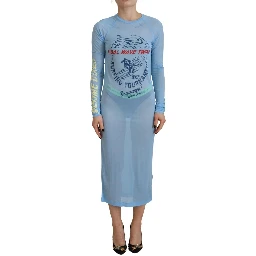 Blue Printed Viscose Long Sleeves Cover Up Dress