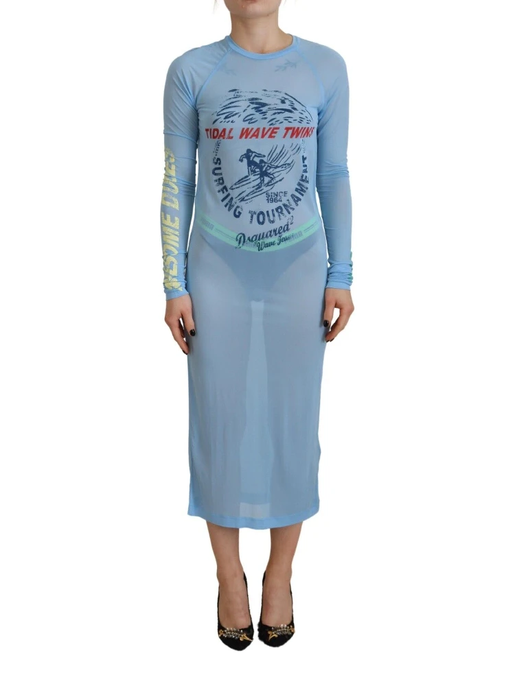 Blue Printed Viscose Long Sleeves Cover Up Dress