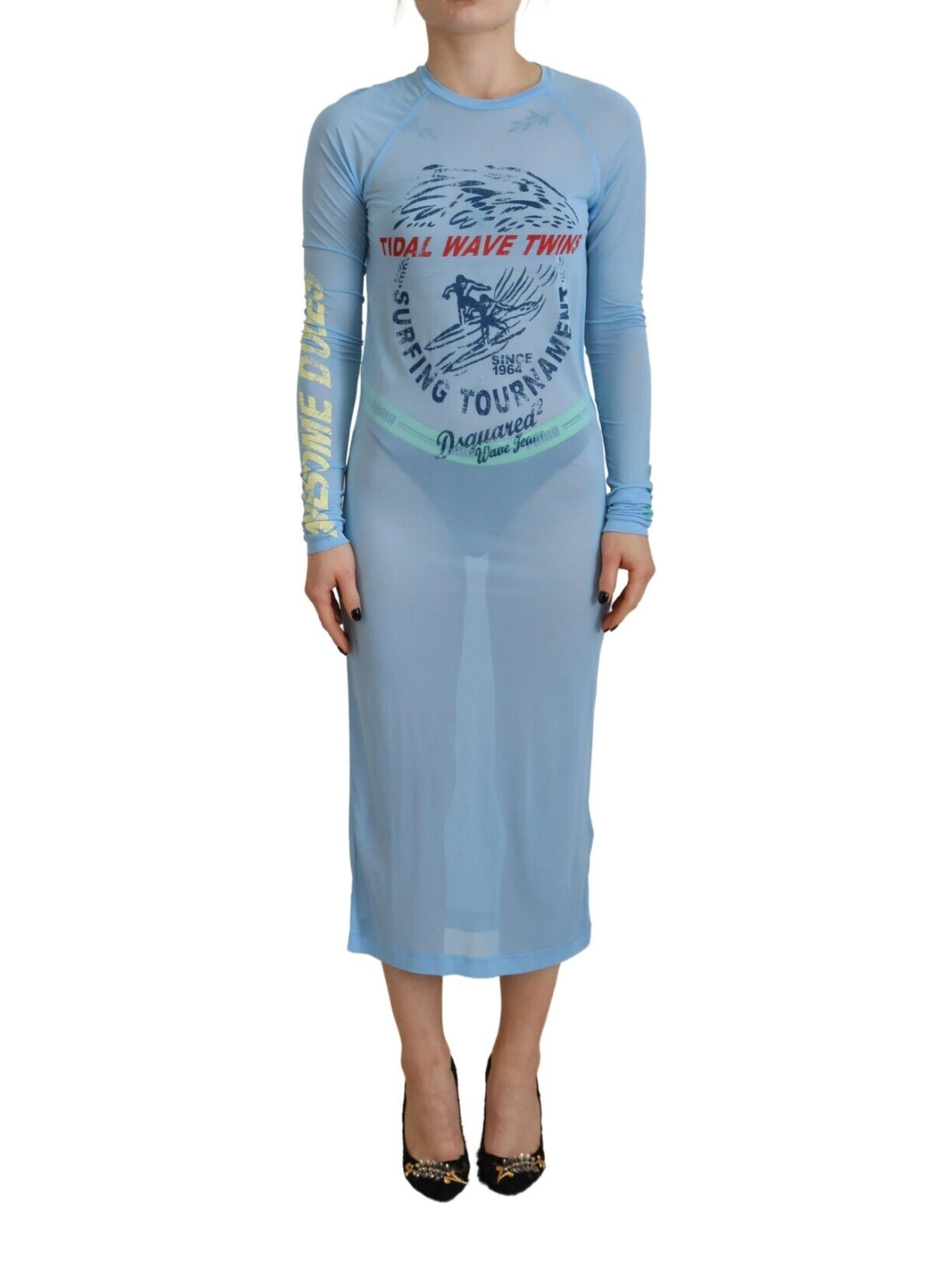 Blue Printed Viscose Long Sleeves Cover Up Dress