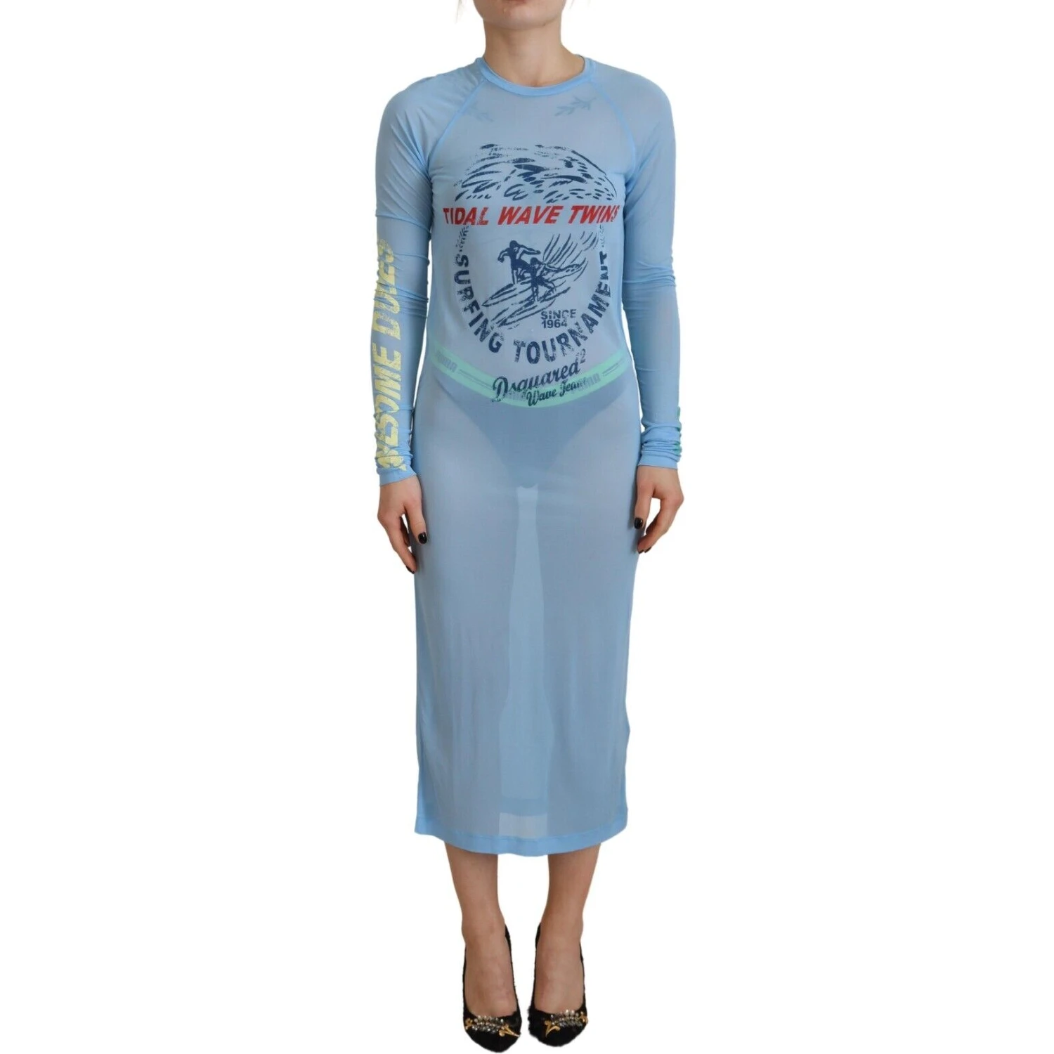 Blue Printed Viscose Long Sleeves Cover Up Dress