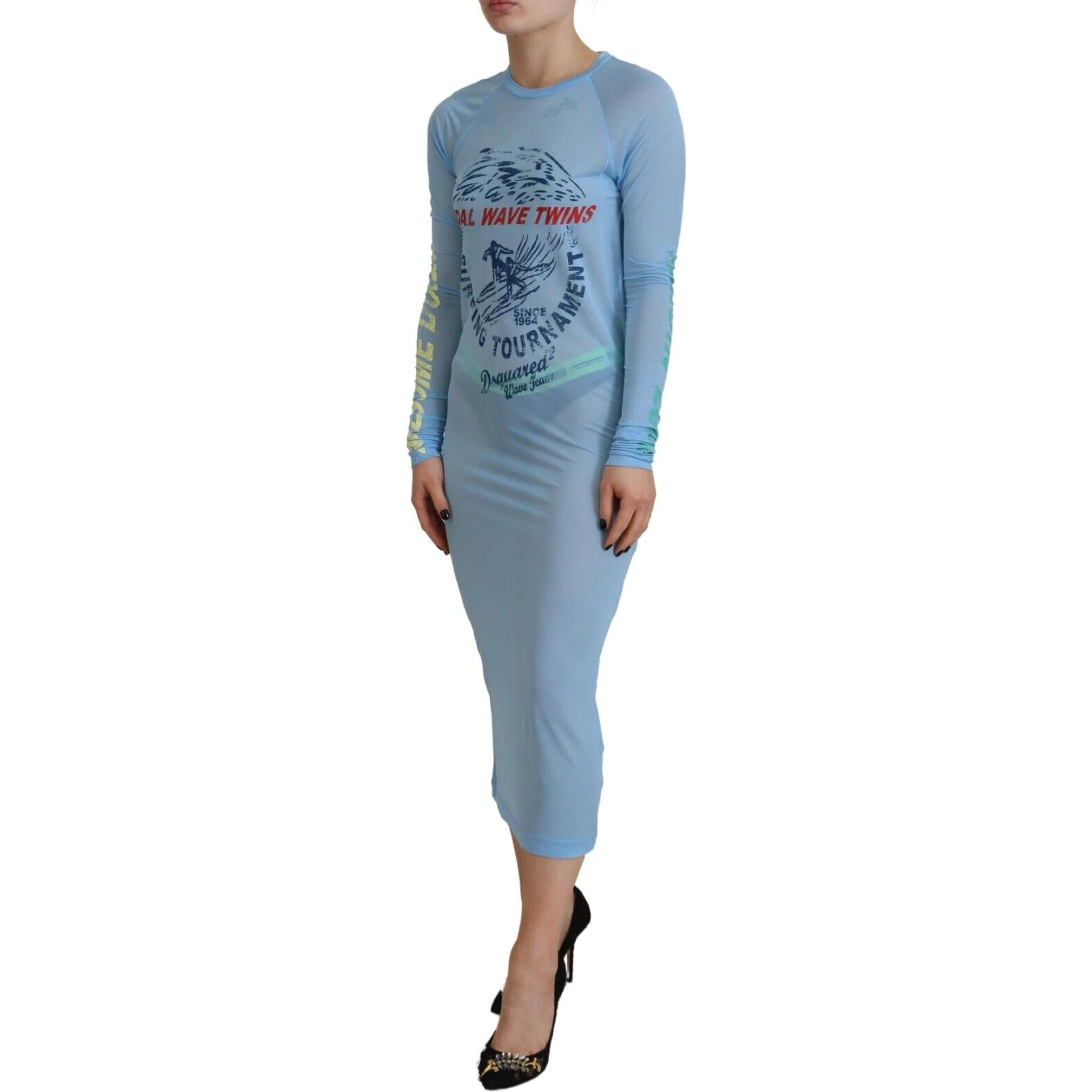 Blue Printed Viscose Long Sleeves Cover Up Dress