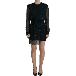 Black Floral Silk Long Sleeves Sheath Mini Dress