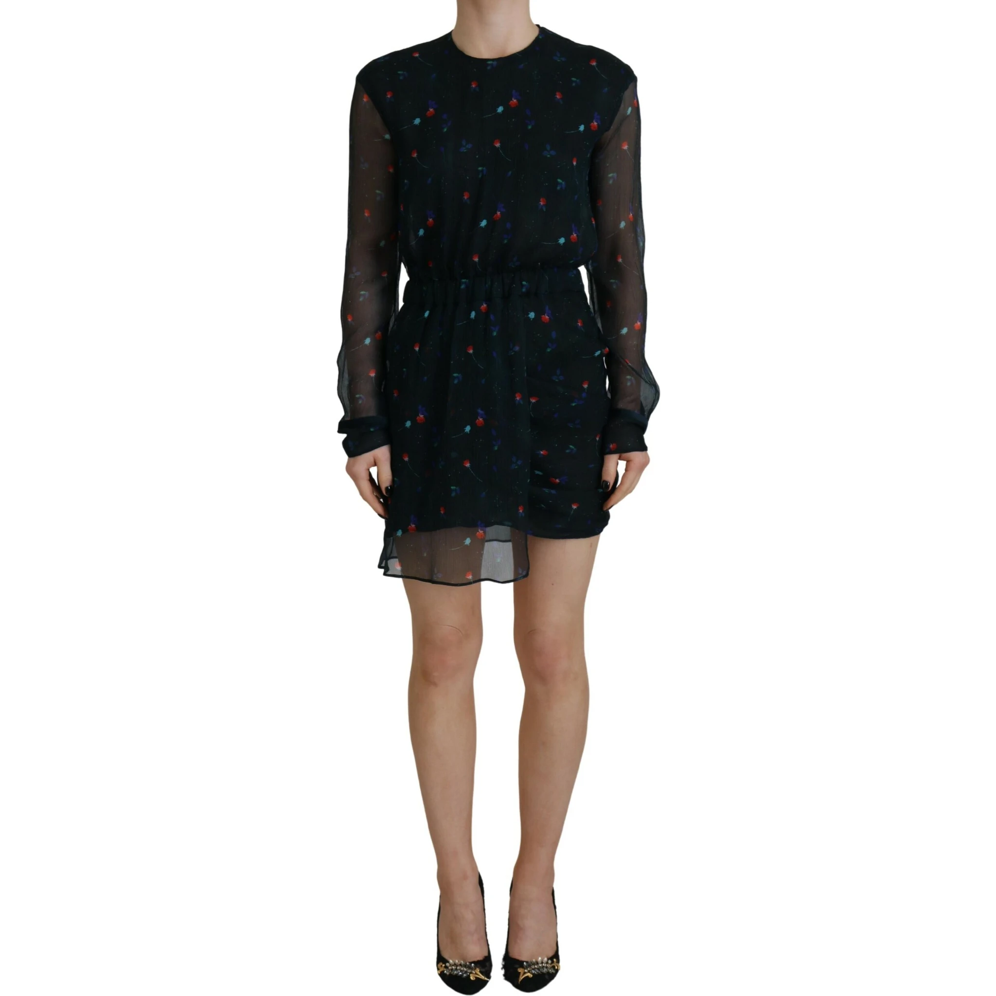 Black Floral Silk Long Sleeves Sheath Mini Dress