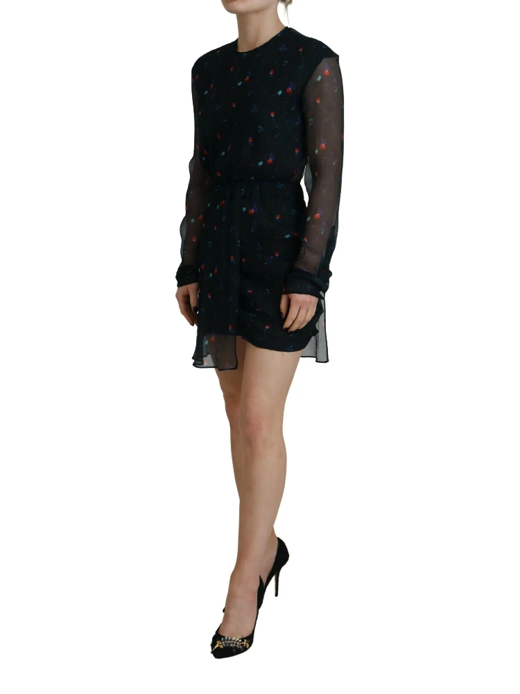 Black Floral Silk Long Sleeves Sheath Mini Dress alternative