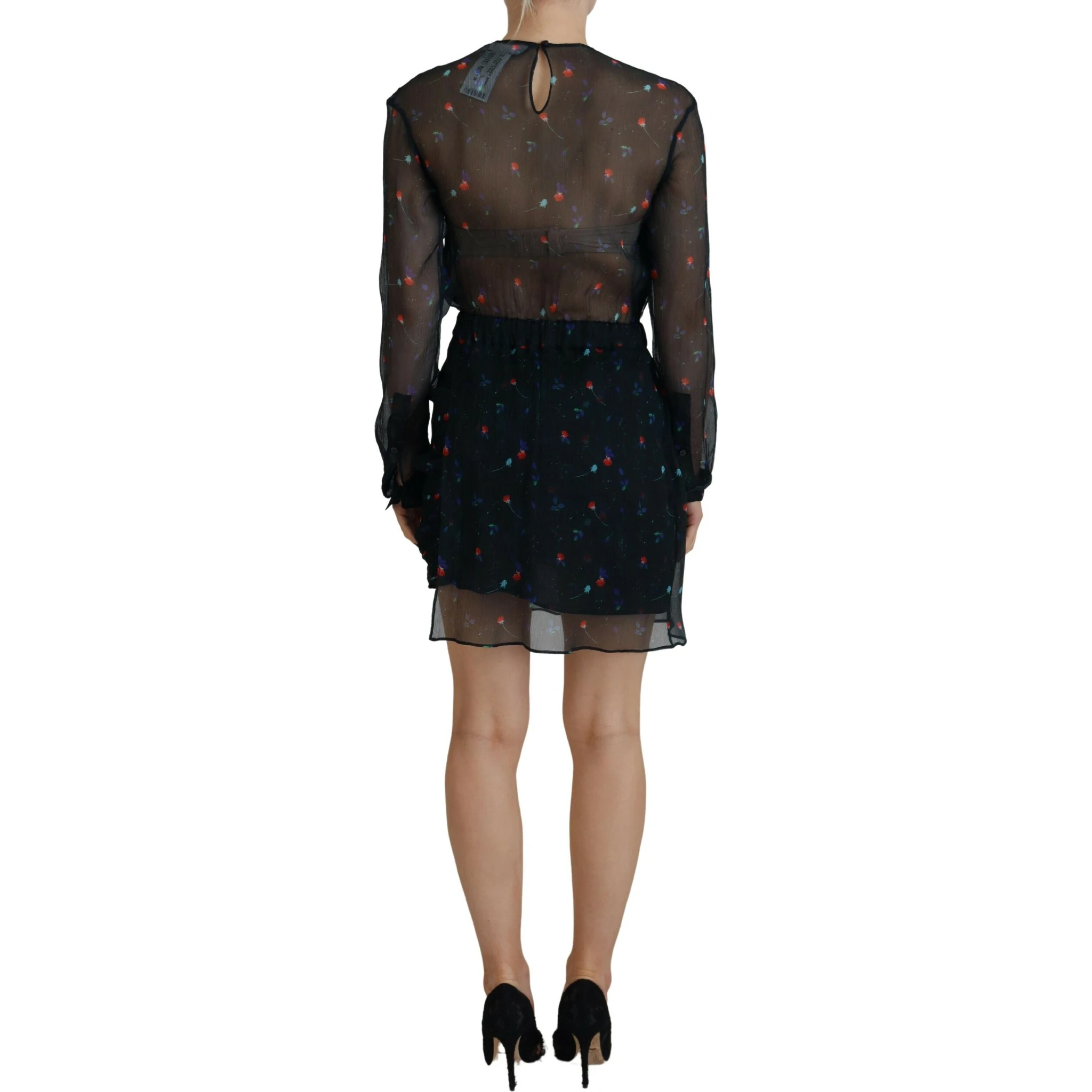 Black Floral Silk Long Sleeves Sheath Mini Dress