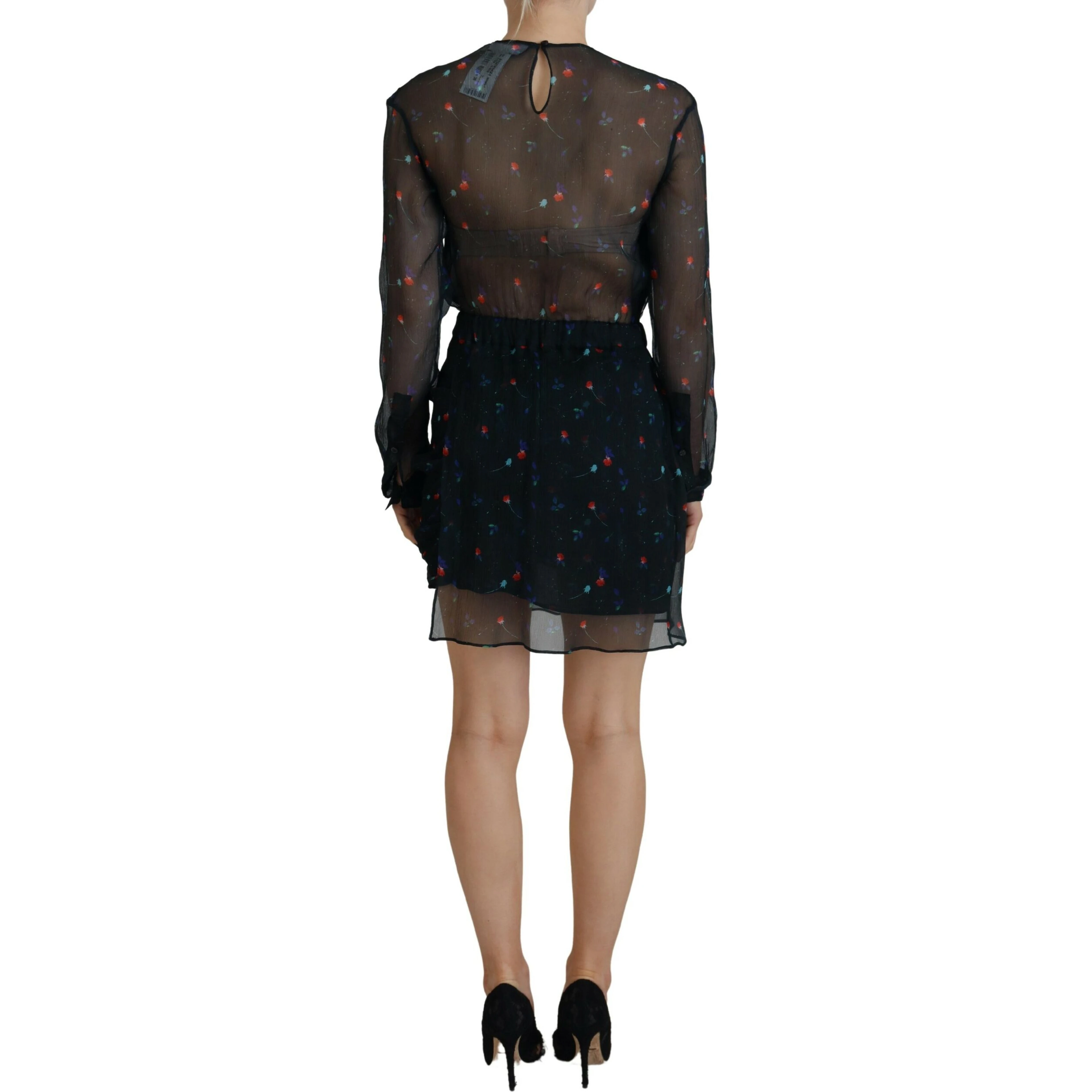 Black Floral Silk Long Sleeves Sheath Mini Dress