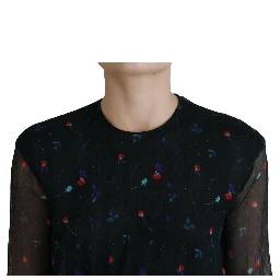 Black Floral Silk Long Sleeves Sheath Mini Dress