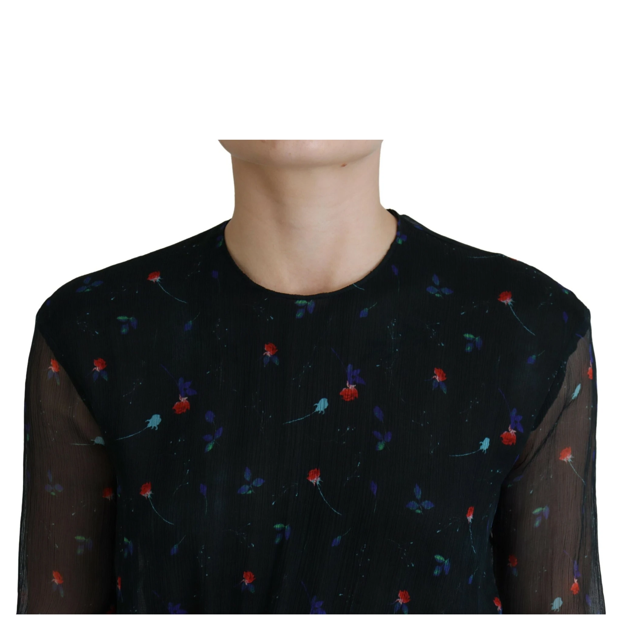 Black Floral Silk Long Sleeves Sheath Mini Dress