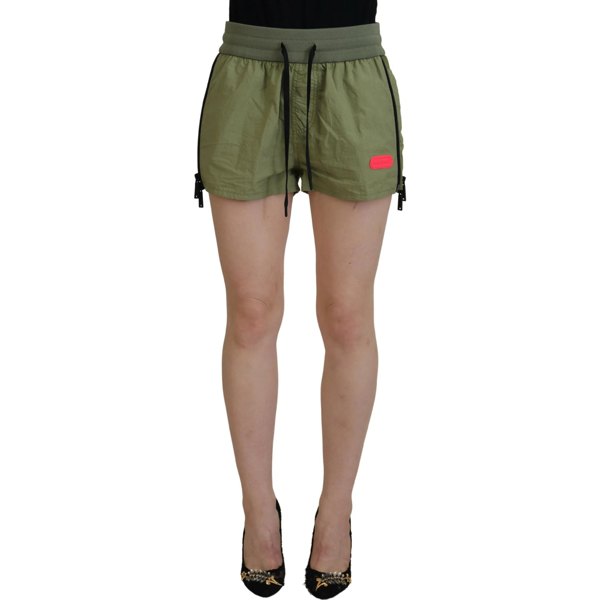 Green Cotton Mid Waist Drawstring Tapered Shorts