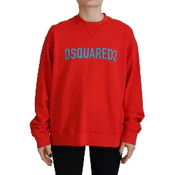 Red Cotton Printed Crew Neck Long Sleeve Sweater