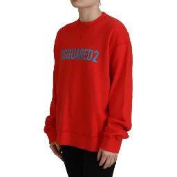 Red Cotton Printed Crew Neck Long Sleeve Sweater