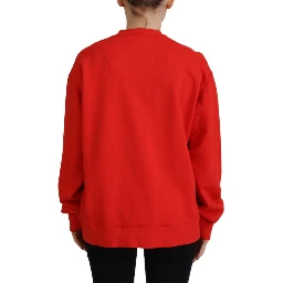 Red Cotton Printed Crew Neck Long Sleeve Sweater