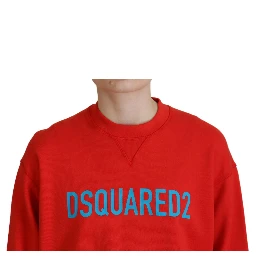 Red Cotton Printed Crew Neck Long Sleeve Sweater