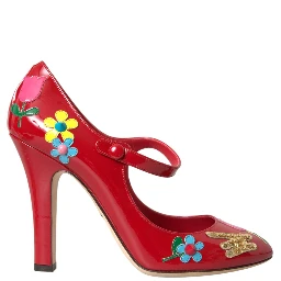 Red Leather Embellished Mary Jane Pumps Heels Shoes