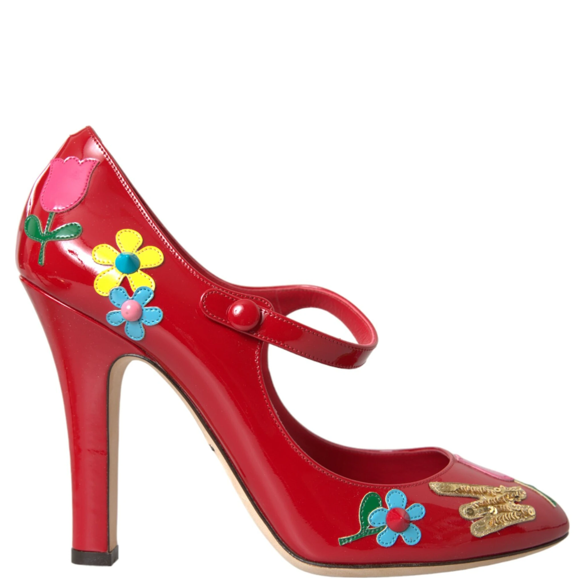 Red Leather Embellished Mary Jane Pumps Heels Shoes